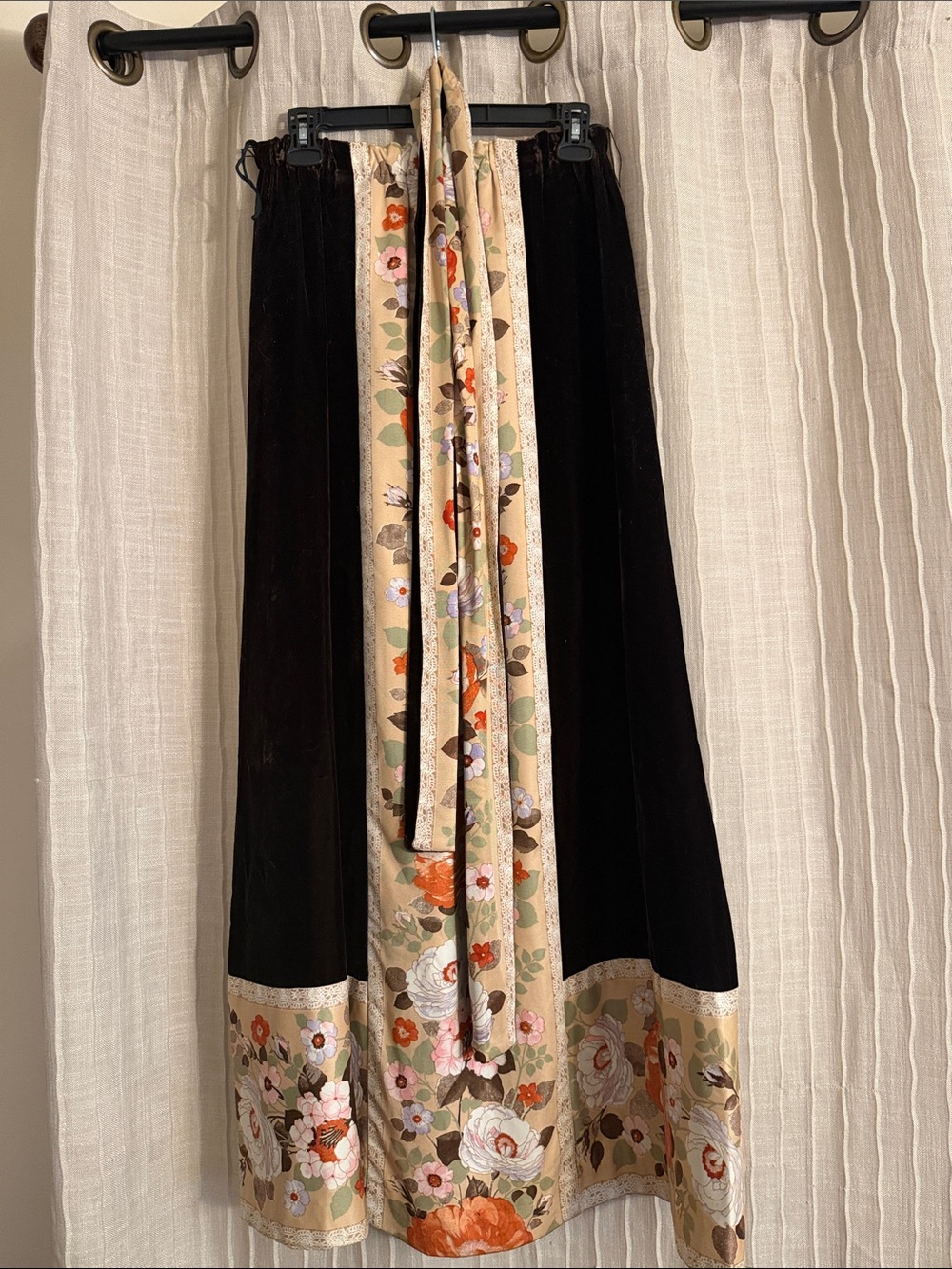 Black/Brown Velvet Maxi Skirt with Floral Trim Vintage